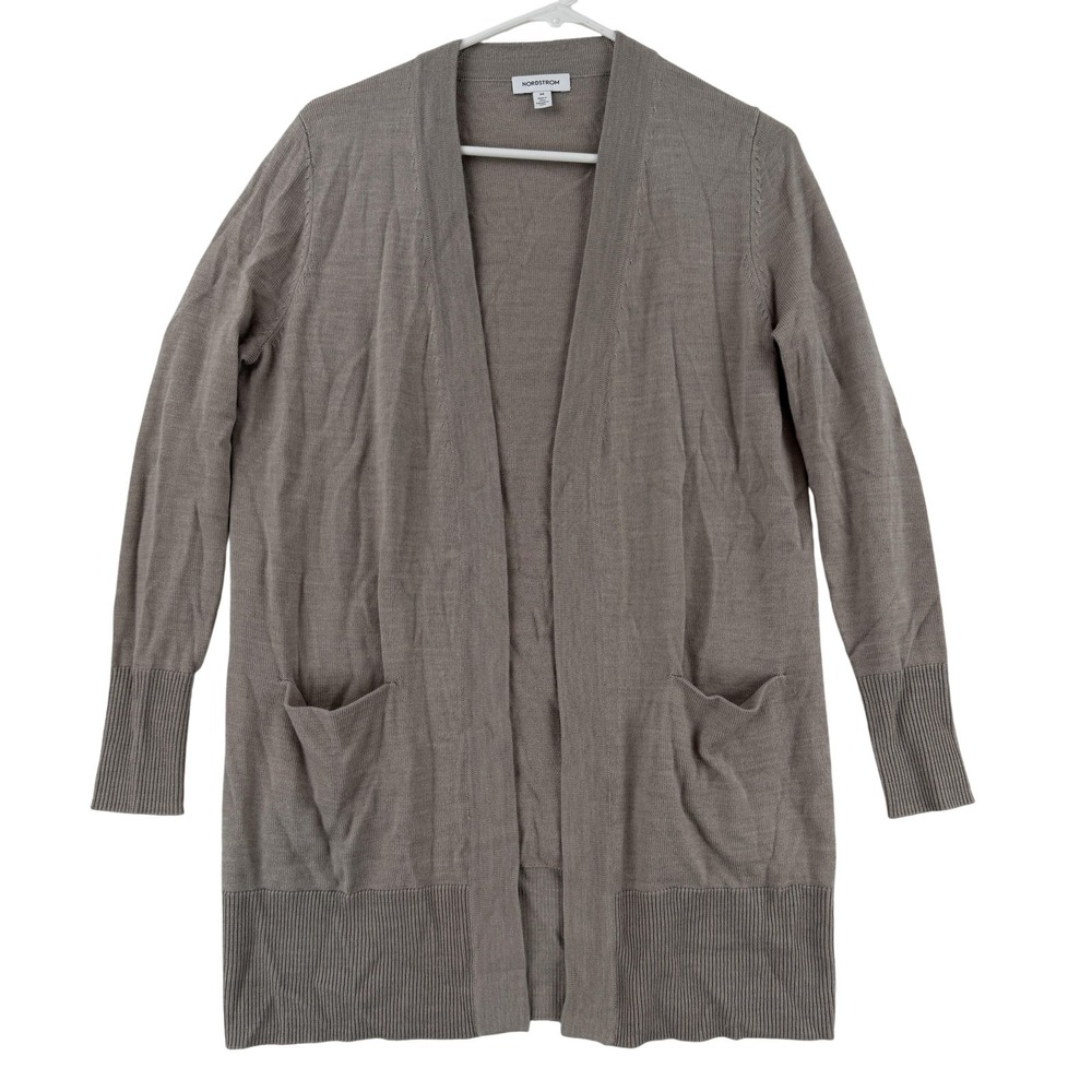 Nordstrom Cardigan Sweater Womens XS Beige‎ Open Front Longline Pockets Knit